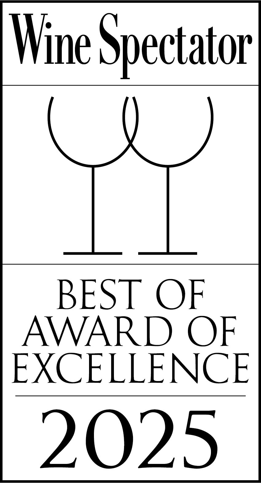 A logo featuring the text 'Wine Spectator Best of Award of Excellence 2023' with two wine glasses.